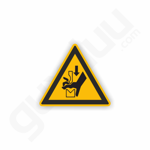 Warnung vor Quetschgefahr der Hand zwischen den Werkzeugen einer Presse (W030) / 44 Stück je Bogen
